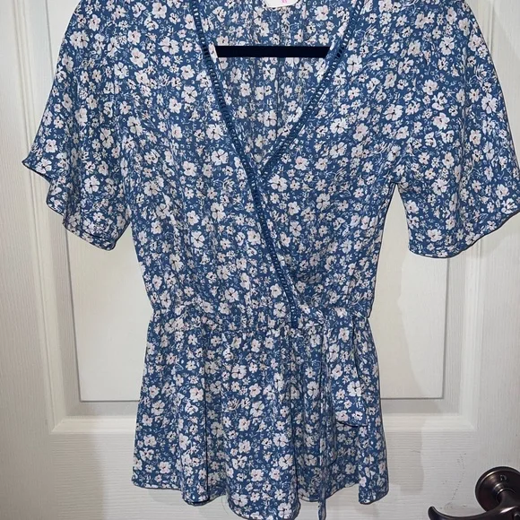 Floral Blue Wrap Top - Picture 1 of 1